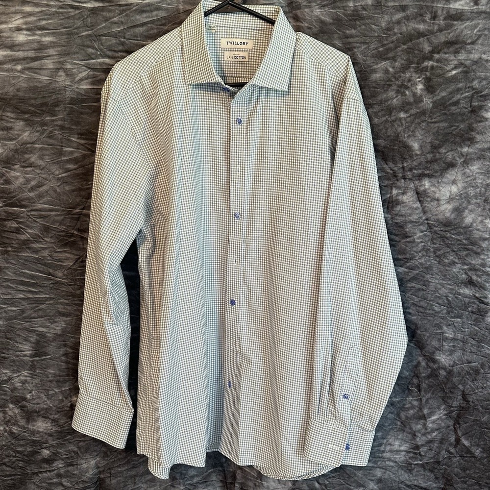 Twillory Safe Cotton Dress Shirt Mens 17.5 34-35 Tailored Fit Blue Green Check